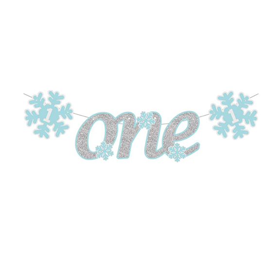 Winter Onederland First Birthday Banner, Blue and Silver Glitter One with Snowflakes, Party Decoration