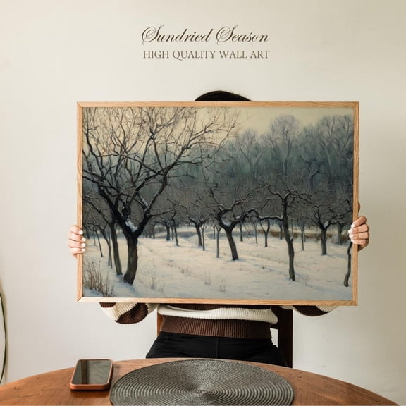 Winter Orchard Landscape Art Snowy Bare Trees Nature Seasonal Cabin Decor