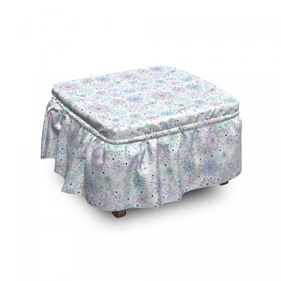 Winter Ottoman Cover, Pastel Snowflakes Joyful, 2 Piece Slipcover Set with Ruffle Skirt for Square Round Cube Footstool Decorative Home Accent, Standard Size, Blue Green Lavender, by Ambesonne