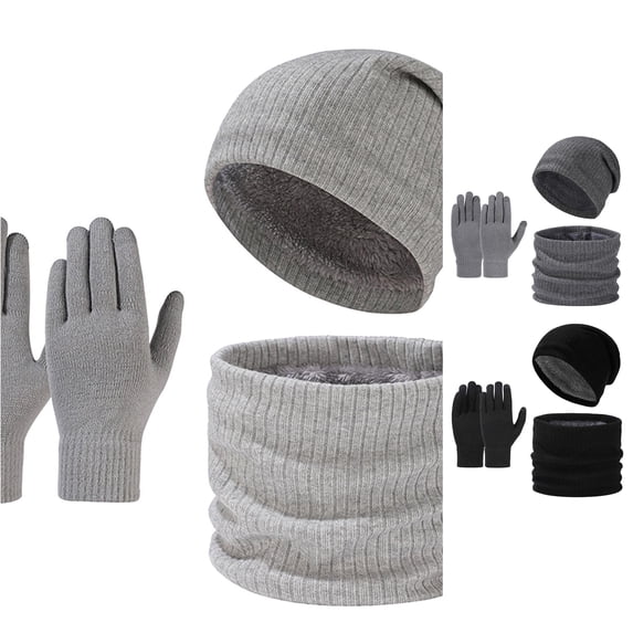 Winter Outdoor Cold Proof Knitted Hat Scarf Three Piece Set with Velvet Ear for Men Women