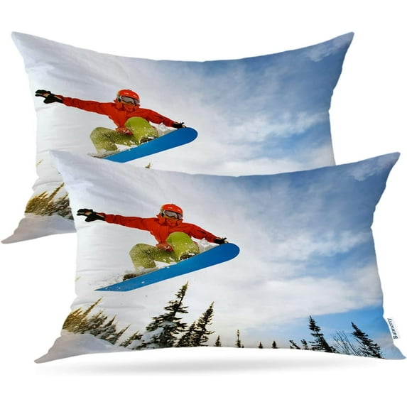 Winter Outdoor Sports Throw Pillow Covers,Snowboarder Jumping Through Air Decorative Pillow Covers Digital Printing Blended Fabric for Couch Sofa Bed Invisible Zipper 12X20 in
