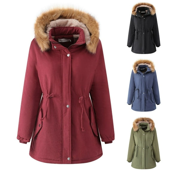 Agkizg Women Fall Winter Jackets Thick Lamb Fleece Cottons Jacket Loose Fitting Removable Hood Fleece Lined Long Sleeve Warm Casual Outerwear