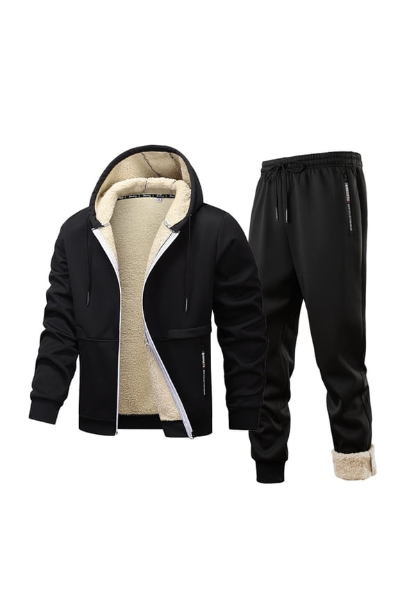 Winter Outfits for Men Tracksuits 2 Piece Sherpa Fleece Lined Zip Up Hoodie Jacket and Jogger Pants Set Sportswear (L, Black)