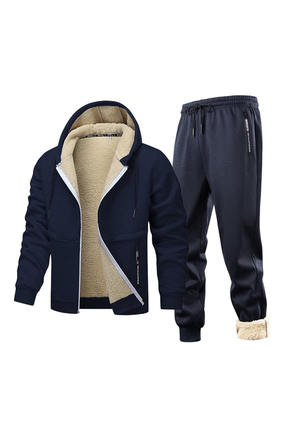 Winter Outfits for Men Tracksuits 2 Piece Sherpa Fleece Lined Zip Up Hoodie Jacket and Jogger Pants Set Sportswear (XS, Navy)