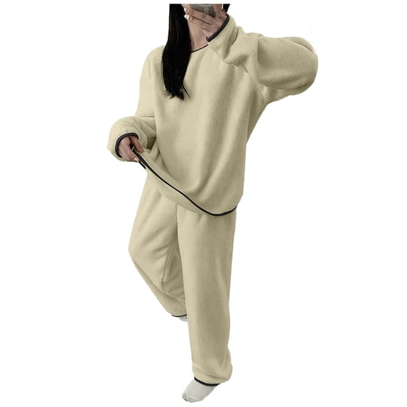 Winter Outfits for Women Fleece 2 Piece Soft Pajamas Sets Long Sleeve Top and Wide Leg Trouser Pant Loungewear (One Size, Beige)