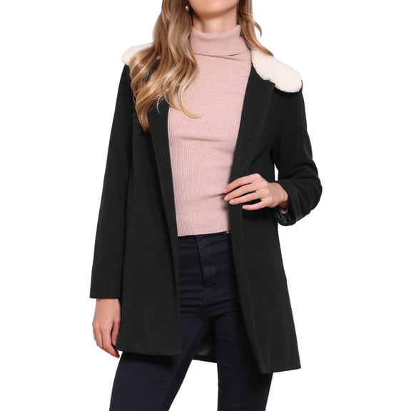 Winter Overcoat for Women Single Breasted Outerwear Mid-thigh Contrast Collar Pea Coat L Black