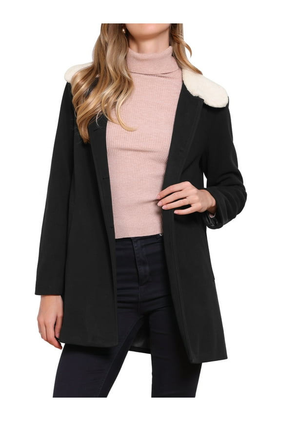 Winter Overcoat for Women Single Breasted Outerwear Mid-thigh Contrast Collar Pea Coat L Black