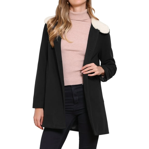 Winter Overcoat for Women Single Breasted Outerwear Mid-thigh Contrast Collar Pea Coat XS Black