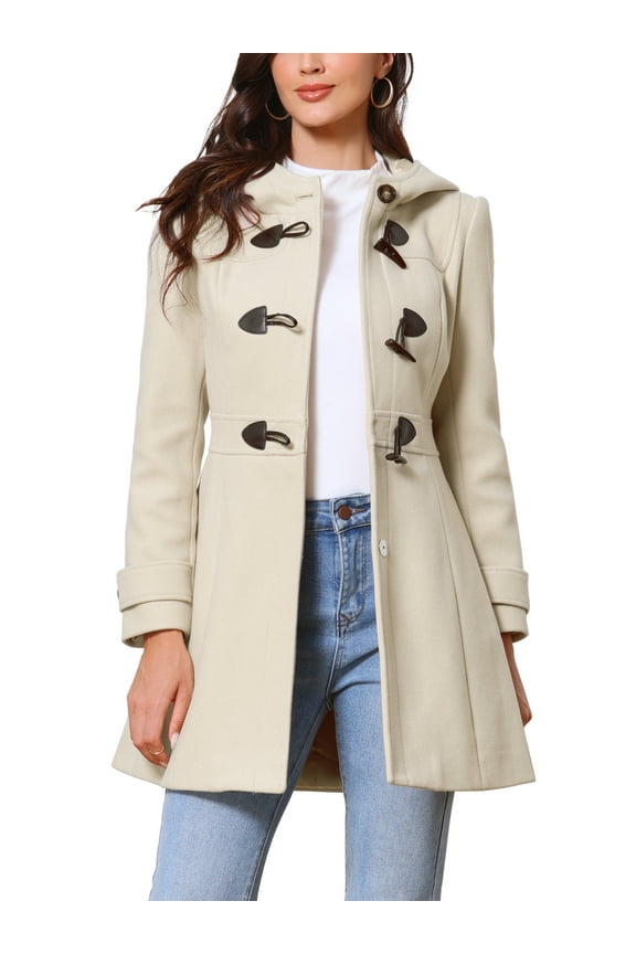 Winter Overcoat for Women Trench Mid-thigh Hooded Toggle Duffle Pea Coat with Pockets XS Beige