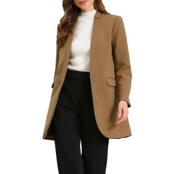 Winter Overcoat for Women's Notched Stand Collar Long Sleeve One Buttoned Mid-Length Coat Outerwear XL Khaki