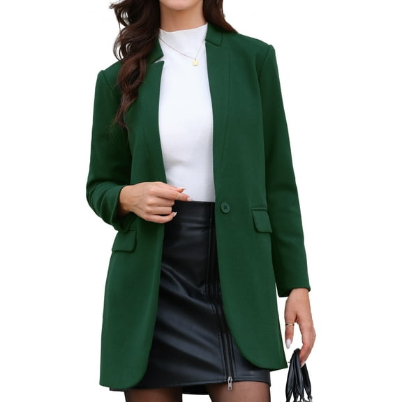 Winter Overcoat for Women's Notched Stand Collar Long Sleeve One Buttoned Mid-Length Coat Outerwear XS Green