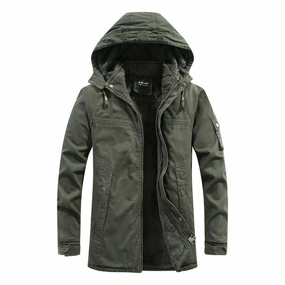 Winter Overcoats for Men with Hood,Full Zip Up Winter Jacket Military Jacket Fleece Lined Warm Cargo Jackets Removable Hood Cotton Work Coat