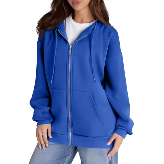 Winter Oversized Hooded Zip Up Sweatshirt for Women Long Sleeve Drawstring Casual Jacket Trendy Y2K Fall Solid Outerwear