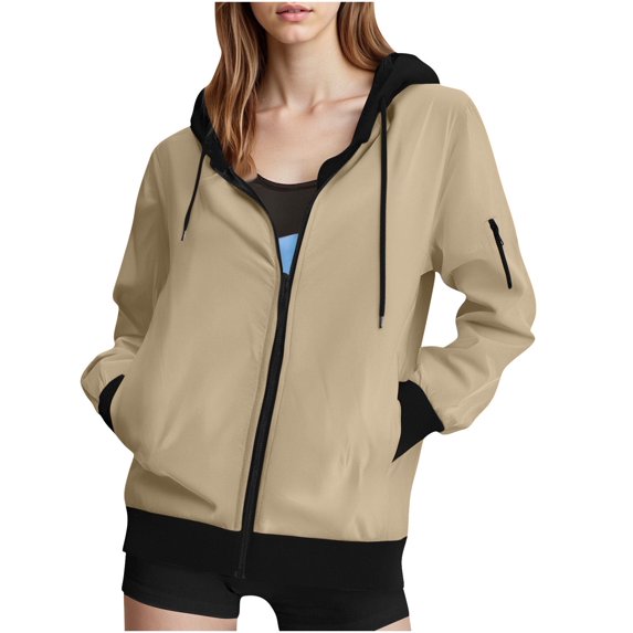 Winter Oversized Outerwear Jackets New Women Long Sleeve Lightweight Zip up Oversized Hoodies Waterproof Windproof Jackets with Pockets Khaki L