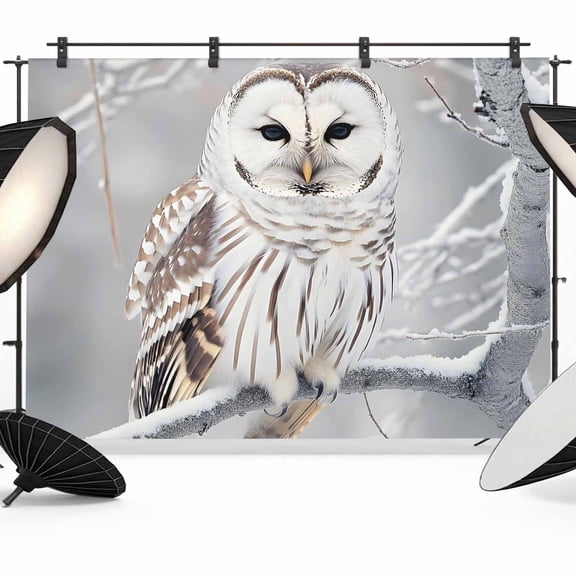 Winter Owl Backdrop for Photoshoot,Photography Photo Studio Background Wall Backdrop,Country Birds Animal Tree Branches Snow Back Drop Banner Panel for Portraits Wedding Party Live Streaming 8x6Ft