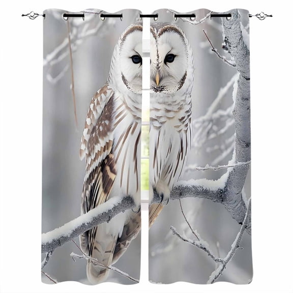 Winter Owl Blackout Curtains 45 Inches Long for Bedroom, Country Birds Animal Tree Branches Snow Thermal Insulated Room Darkening Black Out Window Curtain Panels Grommet Drapes for Living Room