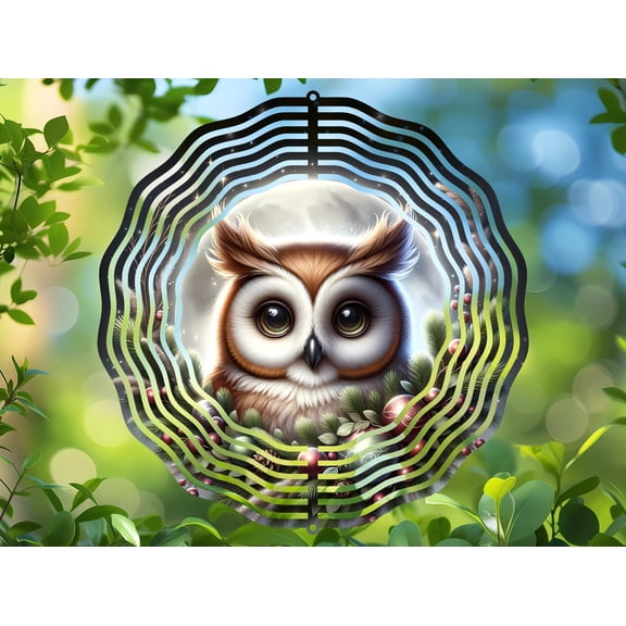Winter Owl Holiday 3D Wind Spinner, Festive Bird Kinetic Stainless Steel Hanging Garden Decoration