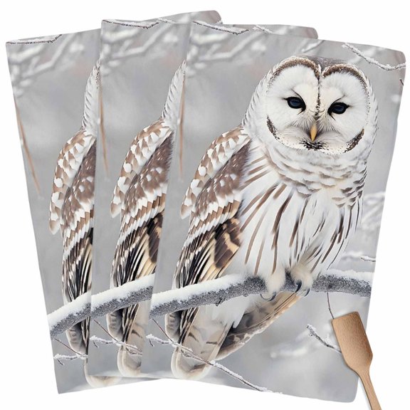 Winter Owl Kitchen Towel Dish Cloths Set of 3, Microfiber Soft Kitchen Hand Towels, Country Birds Animal Tree Branches Snow Absorbent Quick Drying Dishcloths 18 x 28 Inches