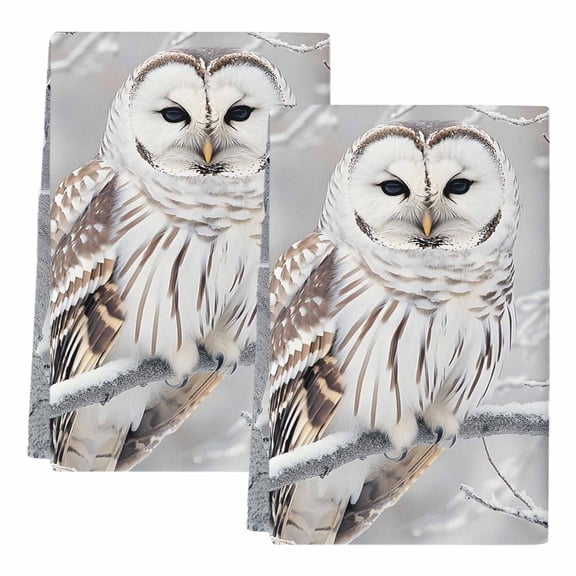 Winter Owl Kitchen Towels Set of 2, Absorbent Microfiber Dish Tea Towels with Hanging Loop, Country Birds Animal Tree Branches Snow Resuable Hand Towel for Home Kitchen Cooking Cleaning 18"x28"