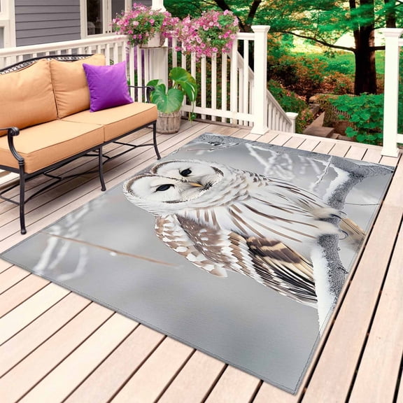 Winter Owl Outdoor Rug 3x5 Ft, Non Slip Washable Area Rug, Country Birds Animal Tree Branches Snow Patio Rugs Carpet Runner, Large Floor Mat for Indoor/Outdoor Deck Porch Camping
