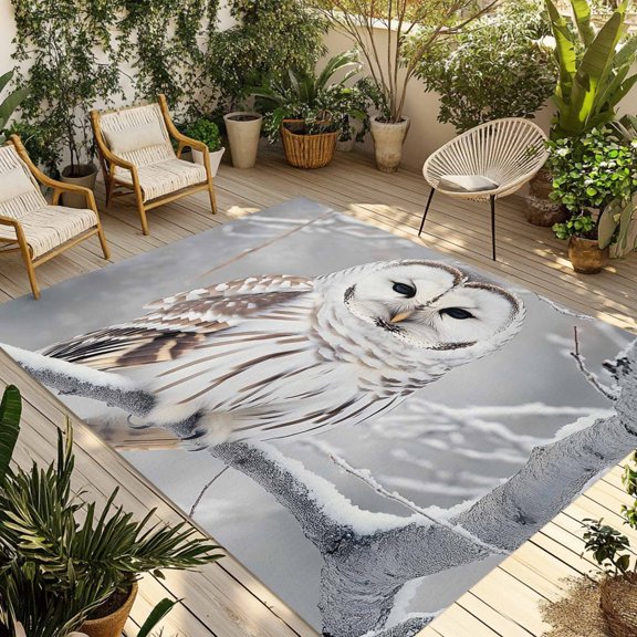 Winter Owl Outdoor Rug 5x8 Ft - Reversible Patio Rug Outdoor Camping Rugs, Country Birds Animal Tree Branches Snow Washable Indoor Outdoor Area Rugs, Non-Slip Outdoor Carpet Runner for Deck/Porch