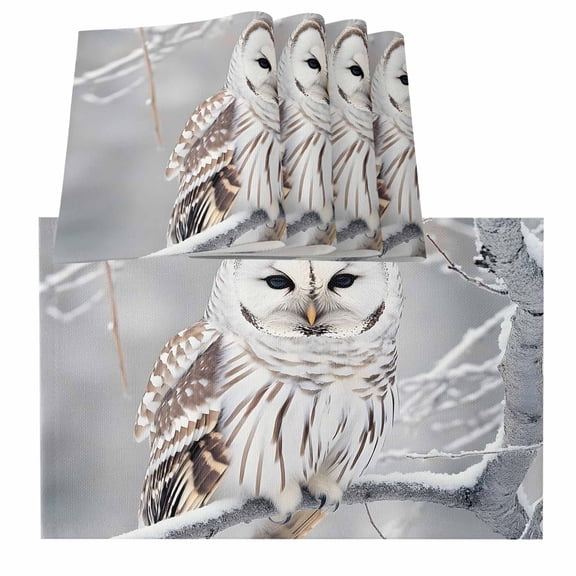 Winter Owl Placemats for Dinning Table Set of 6, Country Birds Animal Tree Branches Snow Burlap Kitchen Place Mats Waterproof Cloth Table Mats, Indoor Outdoor Placemats Easy Clean Dinner Decor