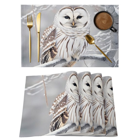 Winter Owl Placemats Set of 2, Cotton Linen Fabric Place Mats, Country Birds Animal Tree Branches Snow Washable Decorative Table Mats Protector for Home Kitchen Dining Wedding Party Coffee Tables