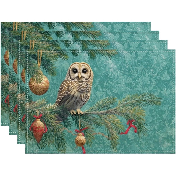 Winter Owl Placemats, Teal Forest Animal Place mats for Holiday Dining Table, Non-Slip Washable Indoor Outdoor Decorative Placemat Set of 4