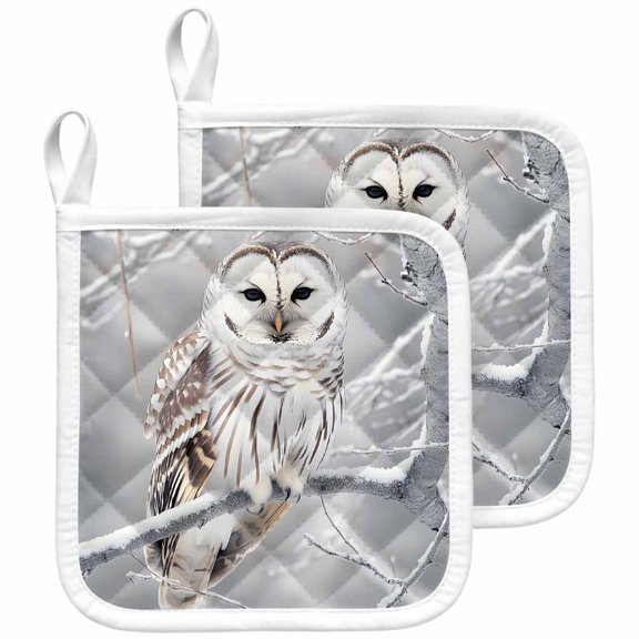 Winter Owl Pot Holders for Kitchen Heatproof Potholder, 2 Pack Country Birds Animal Tree Branches Snow Hot Pads Multipurpose Oven Pads Cloth Potholders Trivet for Cooking and Baking