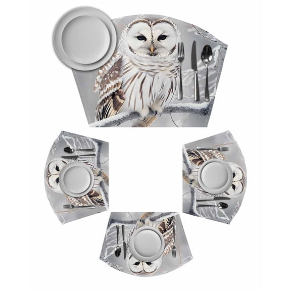 Winter Owl Round Table Placemats Set of 6 Wedge Placemats, Country Birds Animal Tree Branches Snow Place Mats for Dining Table Set Washable Mats Kitchen Decor for Indoor Outdoor Wipe Clean