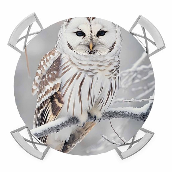 Winter Owl Round Tablecloth for 55-60 Inch Tables,Fitted Table Cover with Elastic Edge,Country Birds Animal Tree Branches Snow Waterproof Outdoor Table Cloth Protector for Patio Garden Dinner Picnic