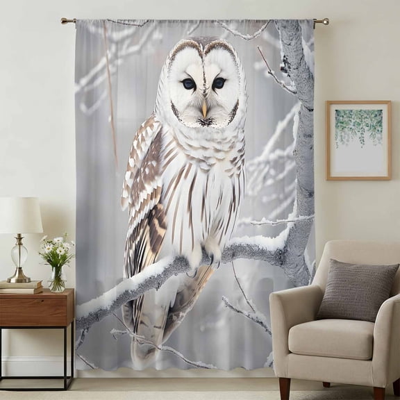 Winter Owl Sheer Curtains 54 Inches Long, Country Birds Animal Tree Branches Snow Light Filering Curtains, Breathable Simi Curtain Privacy Drapes for Kitchen Bathroom Small Window Treatment