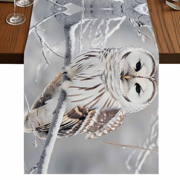 Winter Owl Short Table Runner 60 Inches Long,Country Birds Animal Tree Branches Snow Cotton Linen Table Runners Dresser Scarves,Fabric Tabletop Scarf Furniture Cover for Home Dinner Party 13"x60"