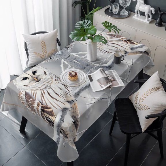 Winter Owl Table Cloth Waterproof Tablecloths, Country Birds Animal Tree Branches Snow Tablecloth Dining Table Cover for Kitchen Party Tabletop Outdoor, Rectangle Tablecloth 60x120 Inch
