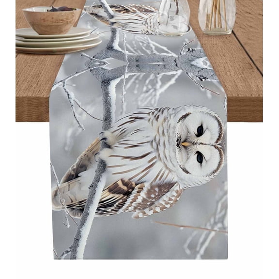 Winter Owl Table Runner Cotton Linen 108 Inch Holiday Dresser Scarves, Country Birds Animal Tree Branches Snow Tablerunner for Kitchen Coffee Dining Bedroom Living Room Dinner Scarf Décor 13''x108''