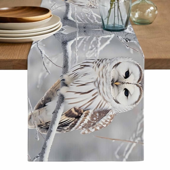 Winter Owl Table Runner, Country Birds Animal Tree Branches Snow Washable Cotton Linen Table Runners 36 Inches Long, Dresser Scarf Runner for Nightstand/End Tables/Round Tables 13''x36''