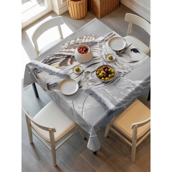 Winter Owl Tablecloth Square Table Cloth 54x54,Waterproof Outdoor Table Cloth Covers Decorative Table Protector ,Country Birds Animal Tree Branches Snow Washable Table Cover for Kitchen Dinning Party