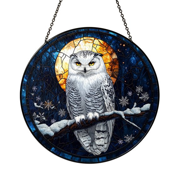 Winter Owl Window Hanging Stained Glass Suncatcher, Woodland Nature Decor