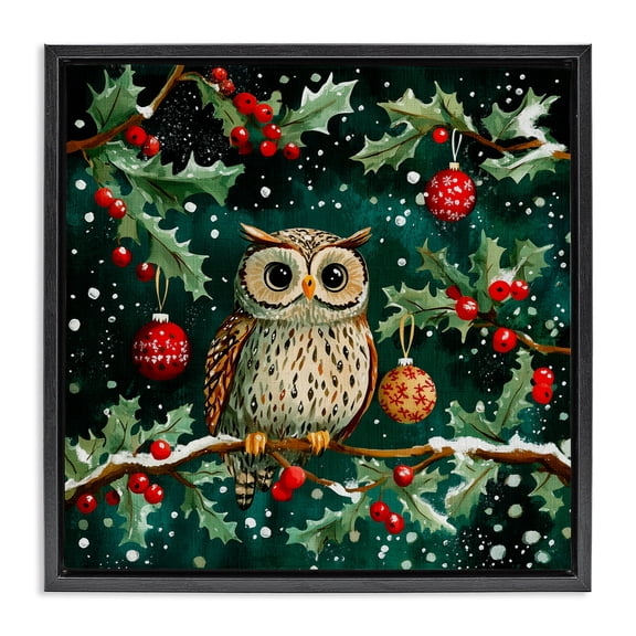 Stupell Industries Winter Owl with Gentle Snowfall Black Framed Floater Canvas Wall Art, design by Yen, 18 x 18