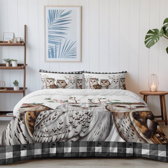 Winter Owls Berry California King Size Bed Set,Black White Checkered Bedding for All Seasons,4 Pcs Bed Set with 1 Quiltcover (96"x104"),1 Sheet (110"x98"),2 Pillowcases (20"x36")