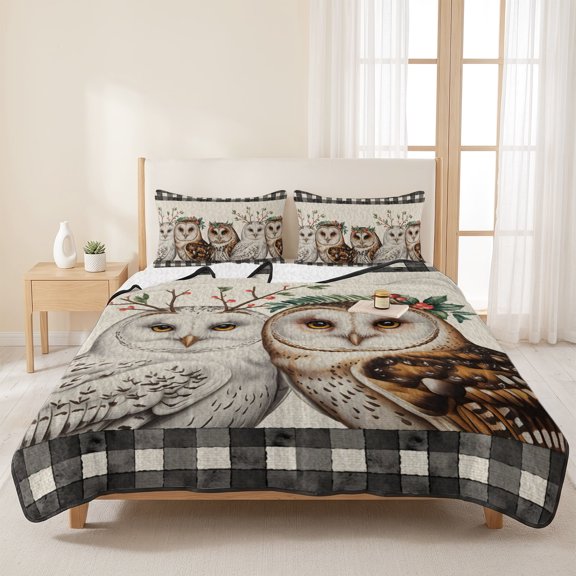Winter Owls with Berry Leaf 3 Pieces Quilt Set,1 Quilt with 2 Shams,Retro Linen Buffalo Plaid Bedspread Soft Lightweight Bedding Coverlet Comforter Set for All Season 96"x106"