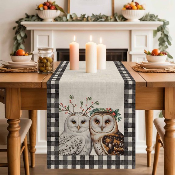 Winter Owls with Berry Leaf Table Runner 70 Inches Long,Kitchen Dining Tablerunners Retro Linen Buffalo Plaid Linen Table Runners Dresser Scarves for Home Dinner Wedding Holiday Party Decor