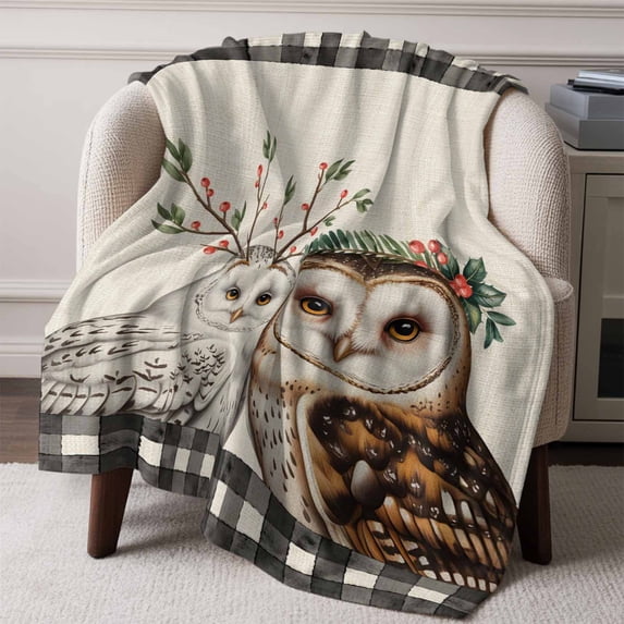 Winter Owls with Berry Leaf Throw Blanket Flannel Fleece Throws, Retro Linen Buffalo Plaid Lightweight Super Soft Warm Blankets for Couch Sofa Bed All Season Use, 50x60 in