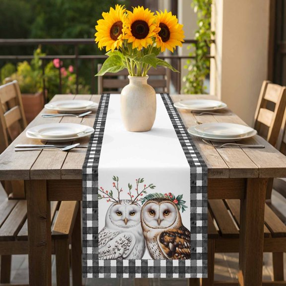 Winter Owls Christmas Berry Table Runner-70 Inch Long Black White Checkered Table Runners Linen Burlap Tablerunner for Kitchen Dining Room Holiday Party
