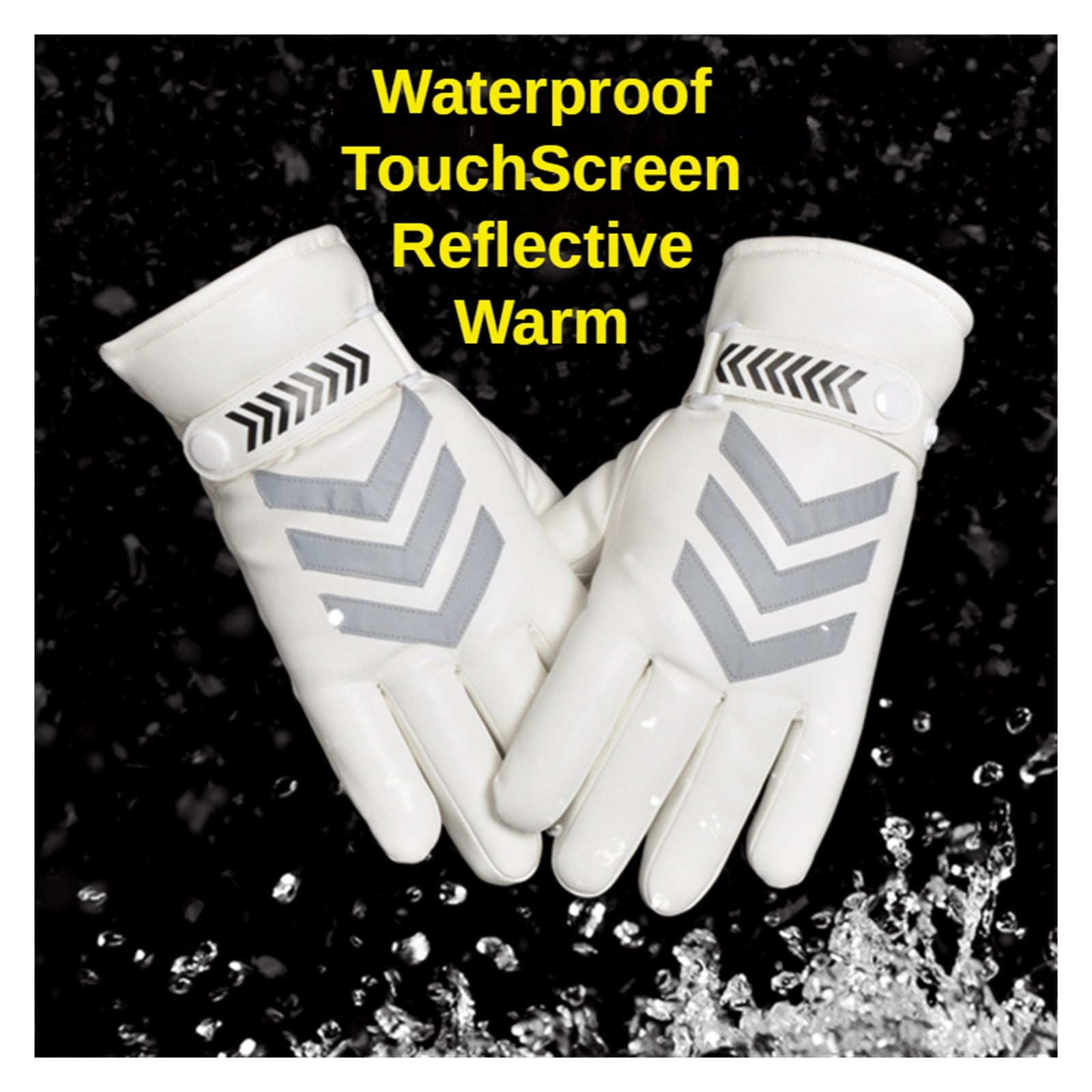Winter PU Leather Motorcycle Gloves Waterproof Windproof Riding Gloves Reflective Strip Warm Motocross Work Gloves Black White ,Easy Wear