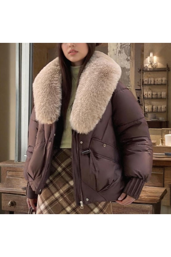 Winter Padded Jacket Womens Short Parka Coat Fuzzy Collar Thick Quilted Warm Outwear Jackets with Pockets Khaki L