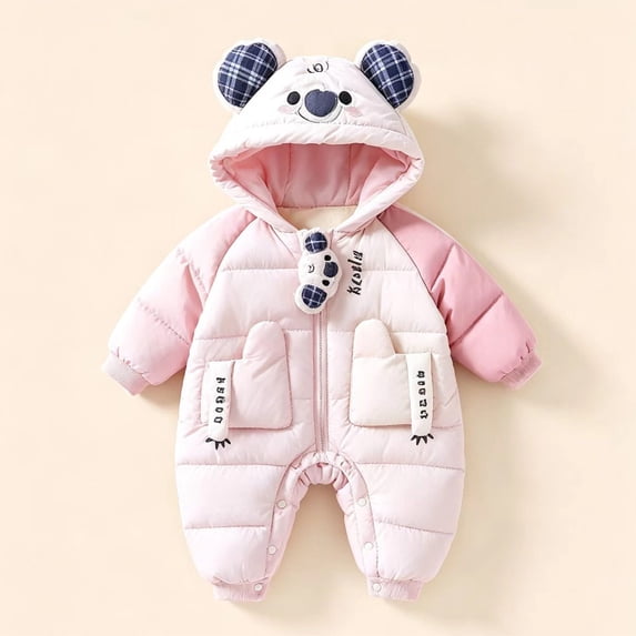 Winter Padded Snowsuit foe Boys Girls Cute Koala Ear Hooded Jumpsuit Long Raglan Sleeve Quilted Warm Outfits