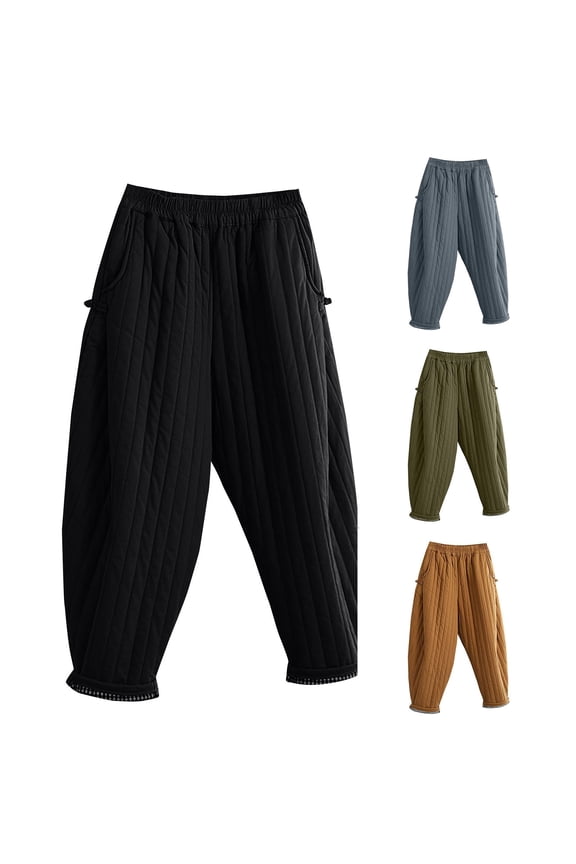 Winter Padded Wide Leg Pants, Thick Fleece Lined Trousers with Elastic Waistband, Loose Fit Casual Lounge Pants for Women, Cozy Warm Gifts for Winter | CSEONE,Black XL