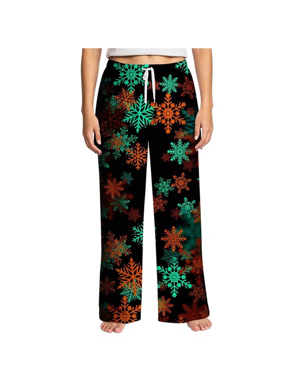 Winter Pajama Pants for Women, Snowflake Print, Drawstring Straight Leg Lounge Sleep Pants