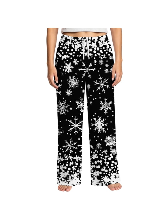 Winter Pajama Pants for Women, Snowflake Print, Drawstring Straight Leg Lounge Sleep Pants